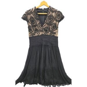 Tadashi Shoji Silk Sheath Dress 8 Black Beige Lace Embellished Short Sleeve Midi